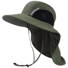 Bassdash UPF 50+ Unisex Water Resistant Wide Brim Sun Hat with Large Neck Flap Ponytail Fishing Hat for Men Women Army Green
