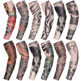 Juego de 12 Mangas de Tatuaje Mangas de Brazo de Protección Solar Falsas Guantes de Brazo de Flor de Elasticidad Suaves Ciclismo (Patrón Clásico, L)