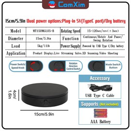 Rotating Display Stand with Type-C Power Cable,Motorized Lazy Susan Spinner Adjustable Speed and Direction, Photography Spinning Platform for Product Shooting and Displaying, Display Turntable (black, 5.9'')