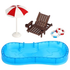 Garneck 1 Set Miniature Dollhouse Pool with Swim Ring Beach Chair - Doll Plastic Swimming Pool Playset for Kids DIY Micro Scene