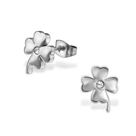 Laimons Women's Earring Clover with Glitter White Stainless Steel