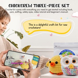 Beginner Crochet Kit, Crochet Kits for Adults, Crochet Starter Kit with Step-by-Step Video Tutorials, Yarn, Eyes, Stuffing, Crochet Hook, Crochet Animals Kits DIY Craft Knitting Kit (Chickcrew+Hootwin)