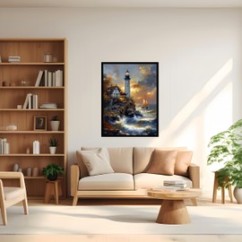 5D Diamond Painting for Adults, Beach Lighthouse Diamond Art for Beginners, DIY Full Round Drill Paint by Diamonds Dot Gem Art for Adults, Home Wall Decor 12x16 Inch