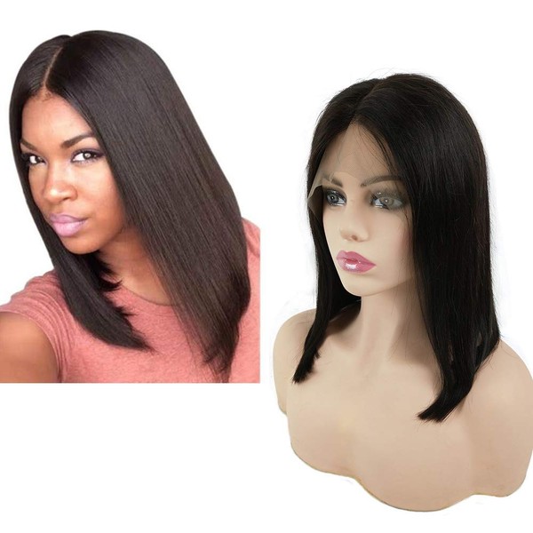 Mila Short Bob Real Hair Wig Straight Brazilian Virgin Hair Natural Black 100% Human Hair Lace Front Wig 130% Density 10 Inches / 25 cm