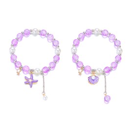 Rrdaily 2Pcs Matching Starfish Shell Bracelets for Daughter Friends Cute Crystal Beads Elastic Bracelet Beach Boho Summer Accessories Aesthetic Jewelry for Women (Purple)