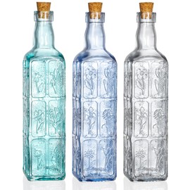 Noamus 3 Pack Vintage Vase with Corks, Embossed Colorful Glass Bottles, Decorative Colored Garden Glass Vase, Large Size Wine Bottle for Centerpiece Garden Decor, Bottle Tree, 18 OZ