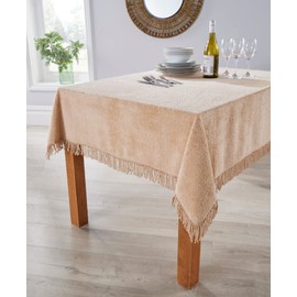 Diana Cowpe Chenille Tablecloth | Traditional Tablecloth – 100% Cotton Tablecloth Fringed Edge | Round Tablecloth/Square Tablecloth/Rectangular Tablecloth | 137CM ROUND TABLECLOTH BARLEY BEIGE