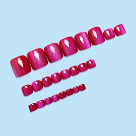 BABALAL Press on Toenails Short, Rose Pink Toenail Press Ons Square for Women, Glossy Press on Toe Nails with Glue, Summer Shine Cat Eye Fake Toenails in 12 Sizes - 24Pcs Toenails Design