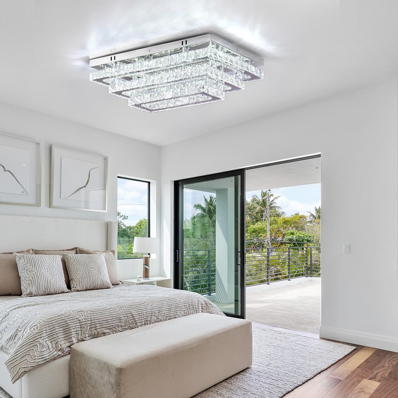 Finktonglan Modern Crystal LED Ceiling Light Fixture 20” Rectangular Flush