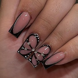 Butterfly Press on Nails Medium Square Fake Nails Black French Tip False Nails with Design Bling Rhinestone Glue on Nails Full Cover Glossy Artificial Acrylic Stick on Nails for Women Manicure 24Pcs