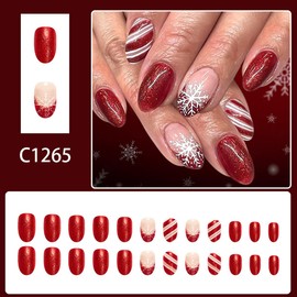 Christmas Press on Nails Red Glitter Medium Almond Fake Nails with Designs French Tip False Nails Press ons Snowflake,Striped Glue on Nail Full Cover Reusable Winter Nails for Women Manicure 24Pcs