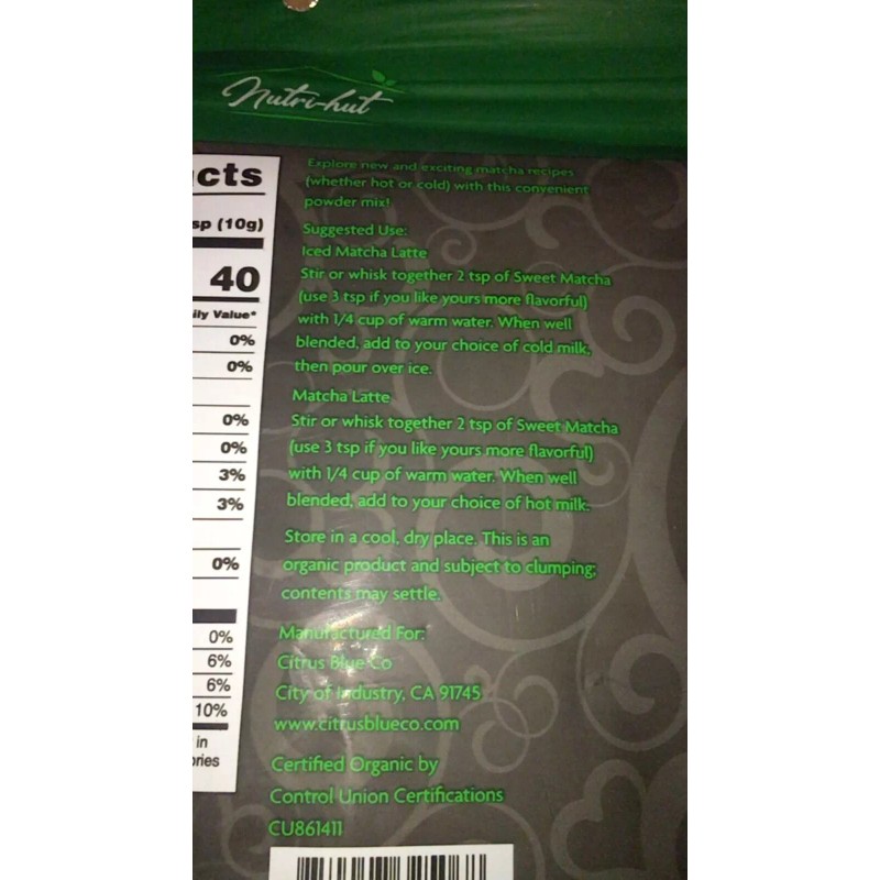 Nutri Jut 3x Lot Nutri Hut Organic Sweet Matcha 16