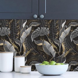 MuralPeel Black Gold Tropical Plant Leaf Modern Dark/Black/Grey Peel and Stick Wallpaper Self Adhesive Removable Easy Peel Off Contact Stick on Wall Paper for Bedroom Renter