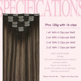 Pinkpearl Clip in Hair Extensions Human Hair Extensions, #2/6/2 Balayage Dark Brown to Chestnut Brown 120g 7pcs 22 inches Real Human Hair Extensions Clip in Straight Remy Silky Weft(#2/6/2,22)