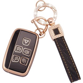 Range R-over Key Cover, Range R-over Evoque Key Fob Cover for L-and Discovery LR4 Range R-over Sport Evoque Jaguar XF XJ XJL F-pace 5 Button TPU Jaguar Key Cover with Leather Rope Clasp (Black)