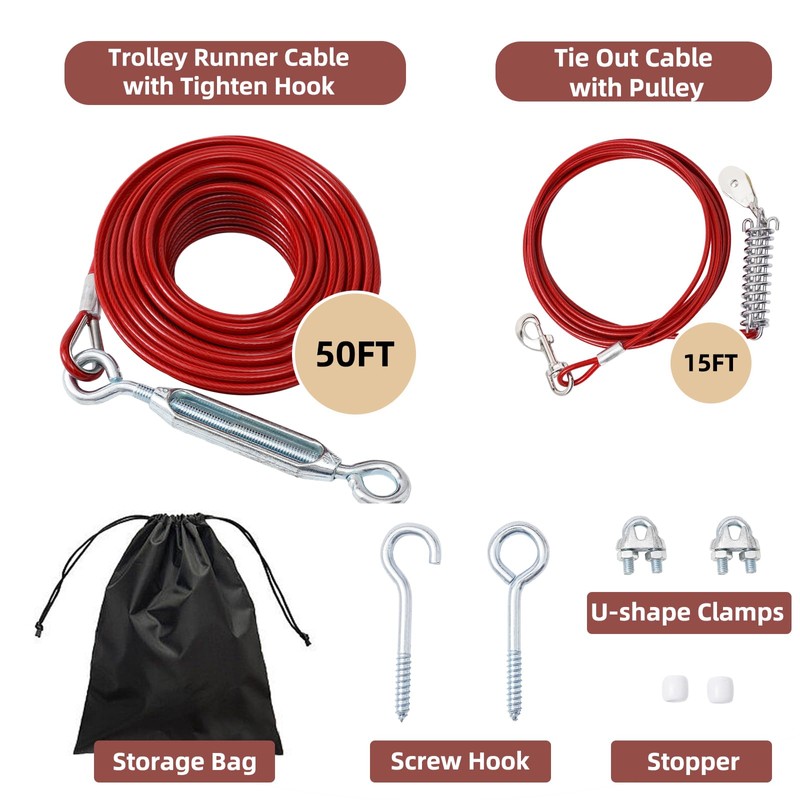 LUFFWELL 50FT Dog Runner for Yard with 15FT Tie Out