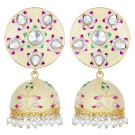 Aheli Meenakari Enamel Pearls Kundan Jhumki Jhumka Stylish Printed Dangle Earrings with Faux Beaded Tassel, Jewelry Gift for Women