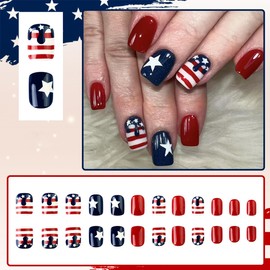 24Pcs Independence Day Theme press on nails medium coffin, White Star Design Acrylic Fake Nails, Glossy Full Cover False Nails for Women DIY July 4th Red Blue Manicure with Glue