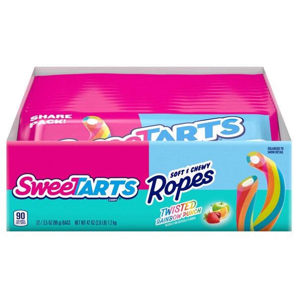 SweeTARTS Ropes, Candy, Twisted Rainbow Punch, Soft and Chewy, 3.5