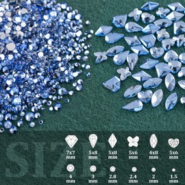 Flat Back Multi-shaped and Round Glass Nail Art Rhinestones Set 7, Crystal AB and Sky Blue Gem Bead Jewels Kits with Picker Pencil and Tweezer for Professional and Home DIY Use