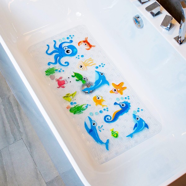BEEHOMEE Bath Mats for Tub Kids - Large Cartoon Non-Slip Bathroom Bathtub Kid Mat for Baby Toddler Anti-Slip Shower Mats for Floor 88 x 38 cms,Machine Washable XL Size Bathroom Mats(Blue-Octopus)