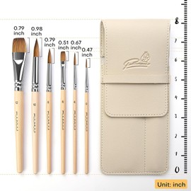 Watercolour Brush Set - 6 Professional Red Sable Travel Brushes with Leather Case for Watercolours, High Colour Carrying Capacity and Excellent Bounce Artist Brush Round, Flat, Real Hair Brush