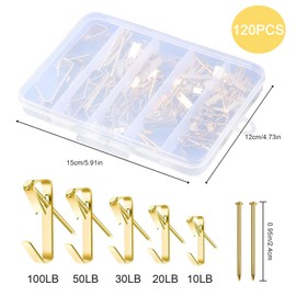 Heavy Duty Picture Hooks, 120 PCS Picture Hooks Picture Hanging Kit, Picture Hanging Hooks for Hard Walls Photo Hooks Picture Hanging Kit for Hard Walls
