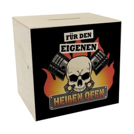 For your own hot oven, money box made of wood with skull and piston as a cool gift idea for real bikers to save on a new vehicle or accessories