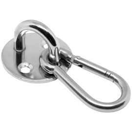 PRIOstahl Eyelet Plate Carabiner Hook – 1 x Eye Plate Round 33 x 19.5 mm + 1 x Carabiner 5 x 50 mm Wall Hook Ceiling Hook Hanging Attachment for Sun Sail Punch Bag Hay Net Rustproof Stainless Steel