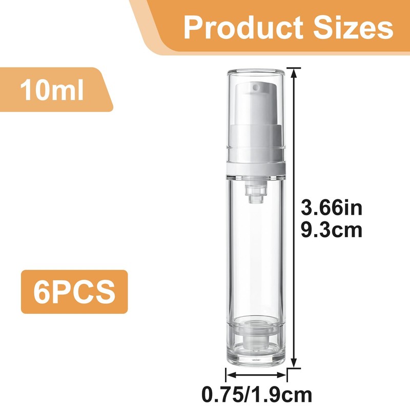 6pcs Airless Travel Pump Bottle, 10ml, Clear