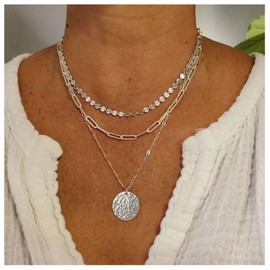 IRCOMULTI Bohemia Layered Silver Disc Necklace Choker Hammered Disc Pendant Necklaces Layering Paperclip Chain Necklace Round Coin Chain Necklace Jewelry for Women