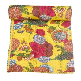 Marubhumi - Edredón Kantha de algodón puro cosido a mano con estampado de frutas, edredón Kantha reversible (naranja, individual (60 x 90 pulgadas) (limón, individual (60 x 90 pulgadas)