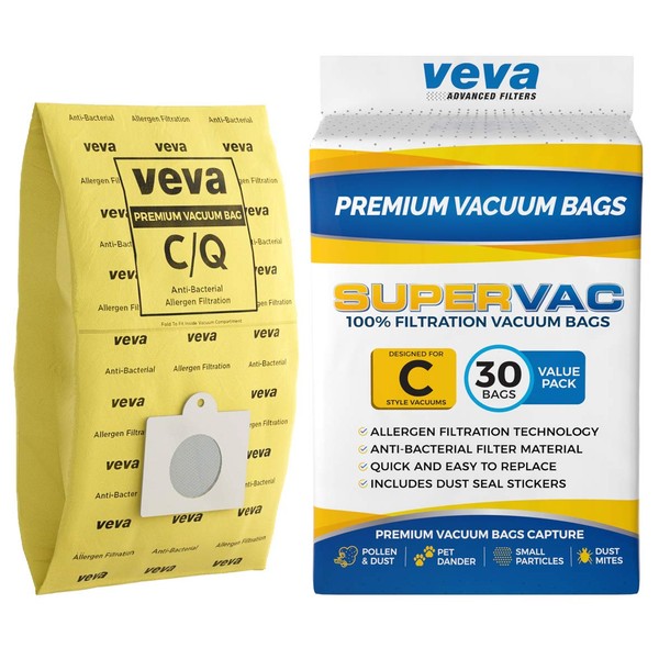 30 Pack VEVA Premium SuperVac Vacuum Bags Type C compatible with Kenmore Sears canister vacuum cleaners replacement Style C, Q, C/Q, CQ, 5055, 50557, 50558, 50104 bags; Elite and Progressive models