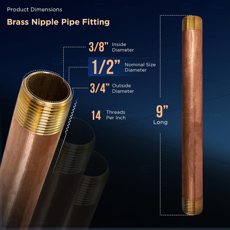 Supply Giant 9 inch Long Brass Nipple Pipe Fitting with