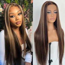 MITIMES 4/27 Highlight Ombre Lace Front Wig Pre Plucked 180 Density Honey Blonde Long Straight Lace Front Wigs Synthetic Glueless Straight Highlight Lace Front Wig 32inch