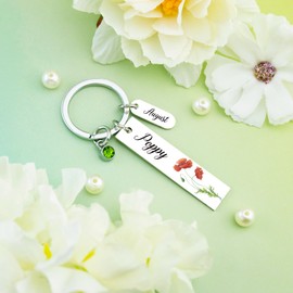 VIESUJI August Birthday Gifts for Women Christmas GiftsPoppy Flower Keychains 12 Months Floral Key Rings Dainty August Birth Flower Birthstone Keychain for Mom Grandma Daughter Friends Coworkers