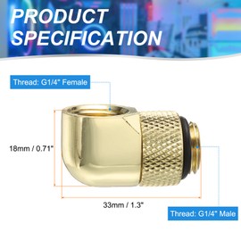 sourcing map 2pcs 90 Degree Elbow Water Cooling Adapter G1/4" Thread Male to Female Compression Connector Fitting Copper Extender Fitting for Computer PC Water Cooling System, Gold