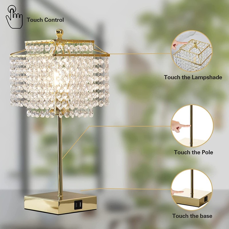 Luvkczc Set of 2 USB Bedside Crystal Table Lamp Gold,
