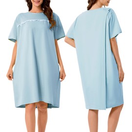 voeeron voeeron Hospital Gowns for Women Soft Short Sleeve Patient Gown Open Back Snap Adaptive Clothes with Pockets (Light Blue,XL)