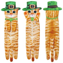 Funny St Patricks Day Cat Hand Towels for Bathroom Kitchen - Cute Green Shamrock Decorative Cat Decor Hanging Towels Super Absorbent Soft - Housewarming Birthday Gift for Women Cat Lovers - Orange