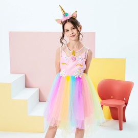 Sunny Fashion Girls Dress Unicorn Rainbow Tulle Unicorn Headband Party Age 6 Years
