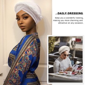 DRESHOW 1 Piece African Women's Turban Braid Headwear Headscarf Chemo Cap Pre-Tied Beanie Hat Head Wrap Sleep Hat, 1 x twisted braid: white