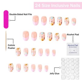 Flower Press on Nails Short Oval SWEKKE Pink French Tip Fake Nails False Nails with Designs Cute Floral Full Cover Glossy Glue on Nails Spring Summer Acrylic Nails for Women Girls 24 Pcs