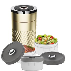 Xeipenfit 67 ozAdults Stainless Steel Vacuum Insulated Wide Mouth Soup Food Thermos Hot Food Jar with Keep Thermal Portable 3 Tier Stackable Bento Hot Food Containers Lunch Boxes (Gold)
