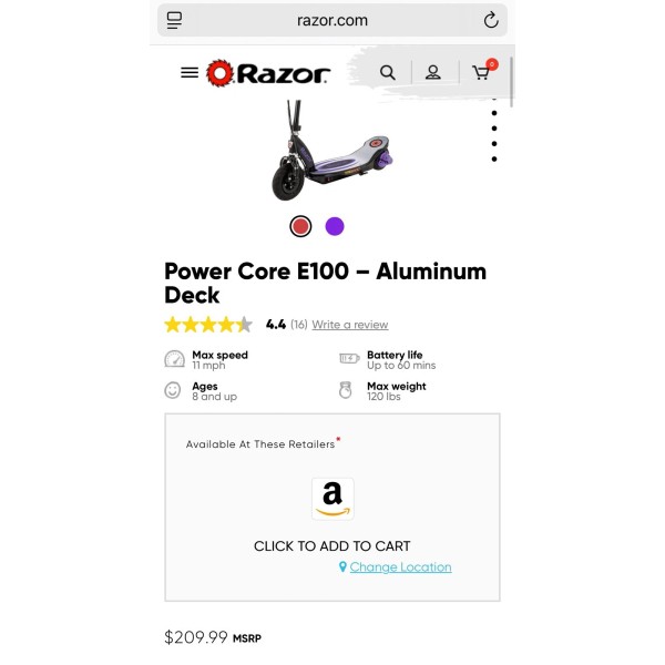 Razor Power Core E100 Electric Scooter - Red - Aluminum