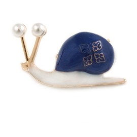 Funky White/Blue Enamel Snail Brooch In Gold Tone Metal - 40mm Across