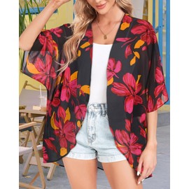 Beach Cover Ups for Women Summer Open Front Shorts Sleeve Beach Boho Kimono Cardigans Cruise Outfits(Red Flower Black,L)