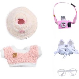 5 Set 17cm Doll Clothes - Clothes for Dolls Outfit - Accessories for 17cm Dolls Clothes +Light Pink Heart-Shaped Velvet hat + Small Camera + Glasses + Canvas Shoes, No Doll Included