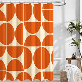 De-Mediocre Orange Linen Shower Curtain Sets,Mid Century Bath Curtain,Modern Abstract Geometric Art Bath Curtain for Bathroom with 12 Hooks, 72 x 72 Inches