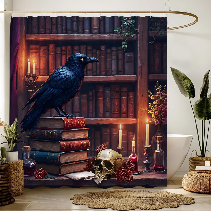 ZKJSMGS Gothic Halloween Shower Curtain,Crow Skull Bookshelf Library Spooky Witchy